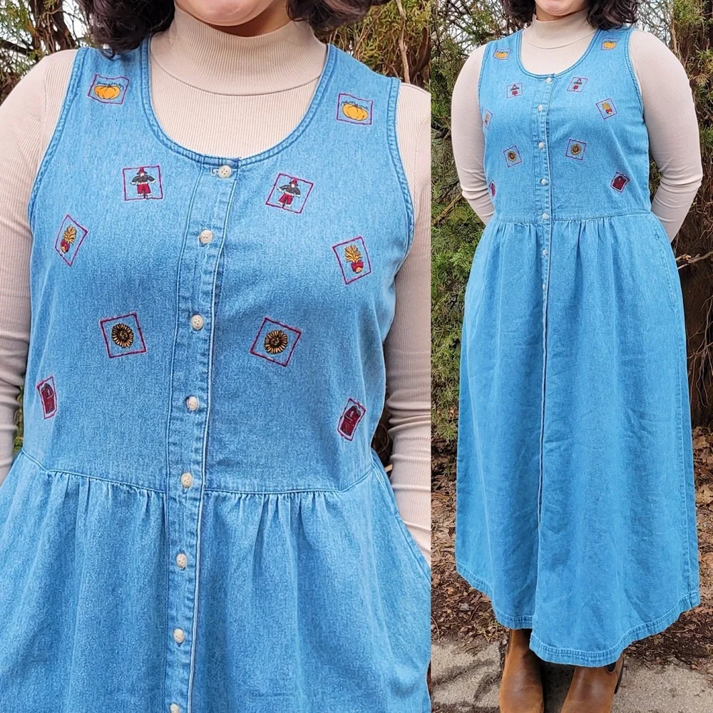Vintage 90s Denim Embroidered Farm Sunflower Pumpkin Harvest Cotton Maxi Dress